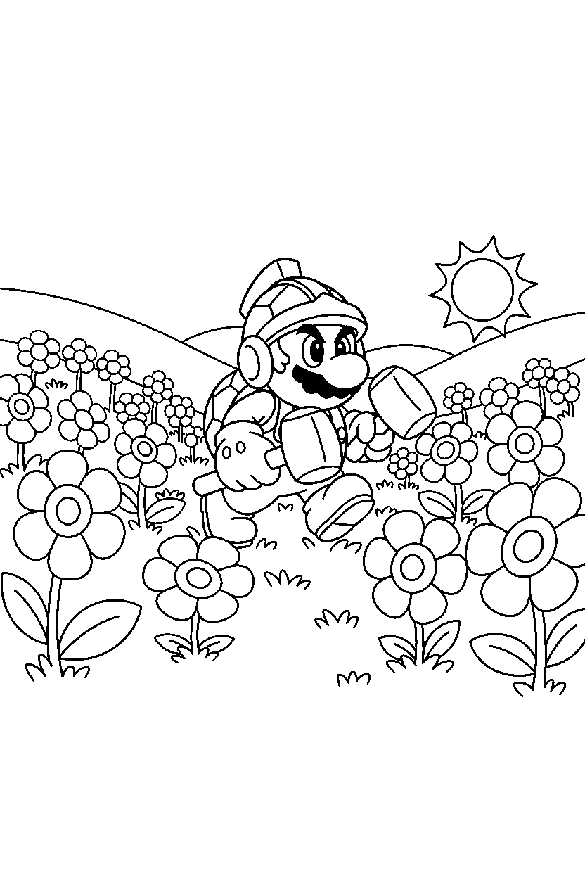 hammer bro walking carefully in a flower field line art