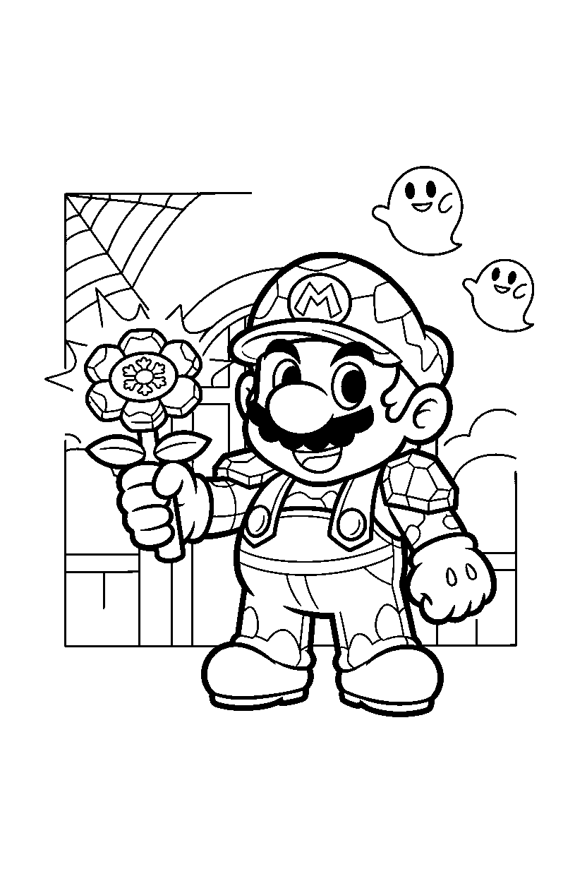 ice mario holding a power up in a haunted house line art