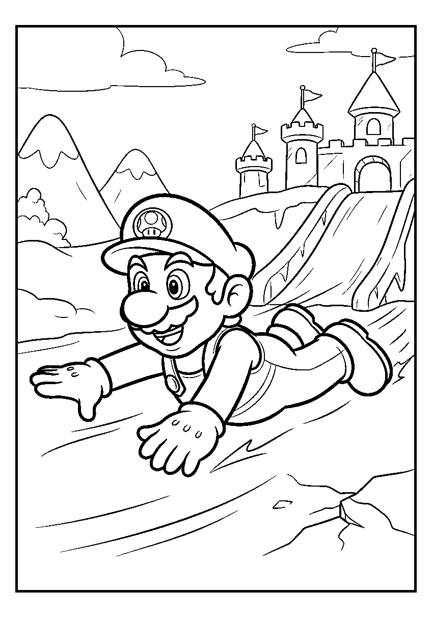 ice mario sliding across a frozen kingdom line art