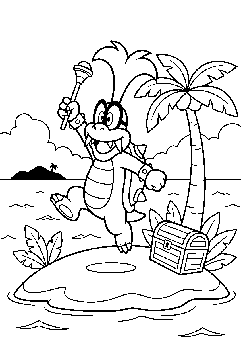 iggy koopa celebrating win in a tropical island line art