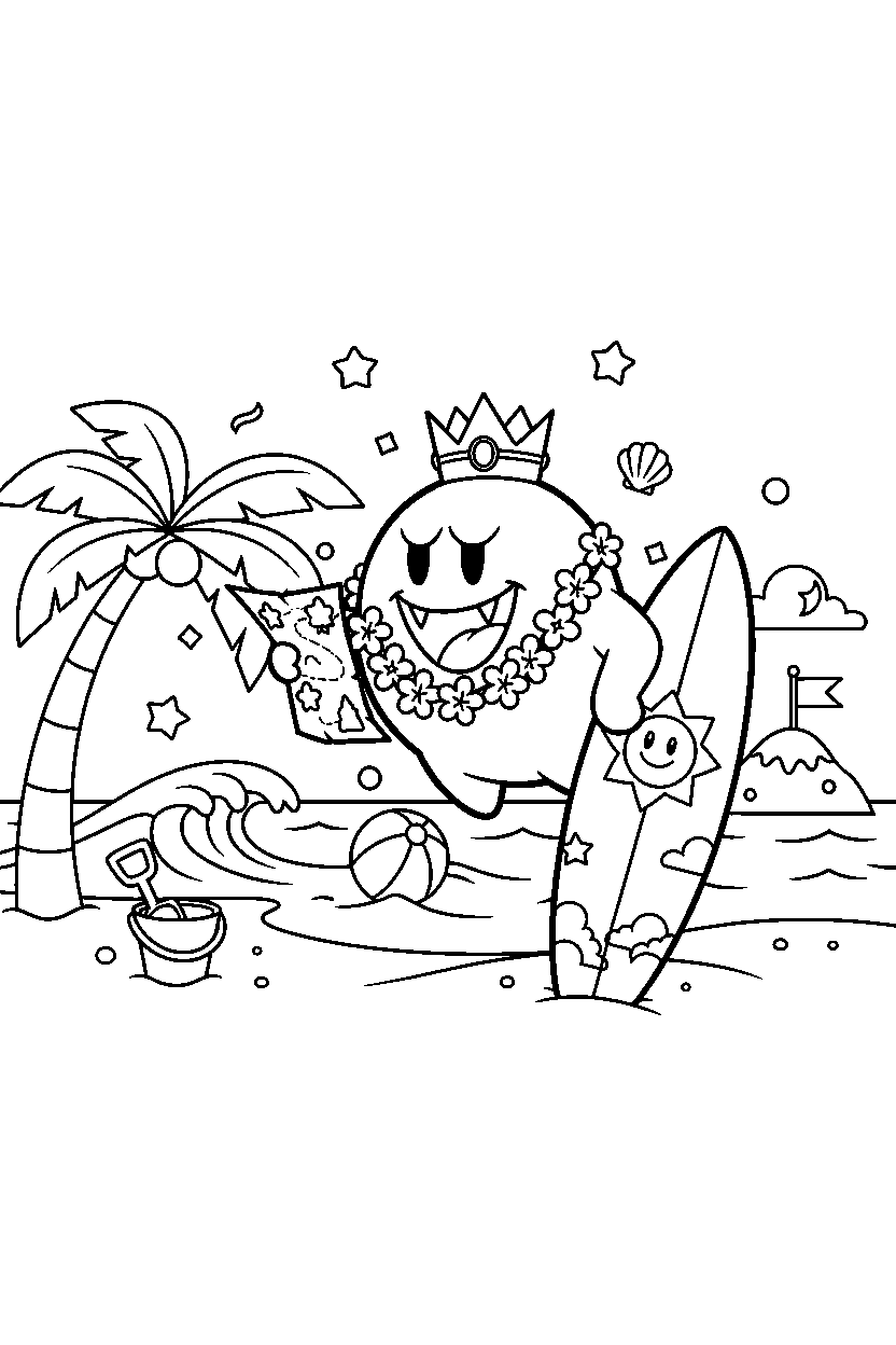 king boo celebrating adventure in a beach level line art