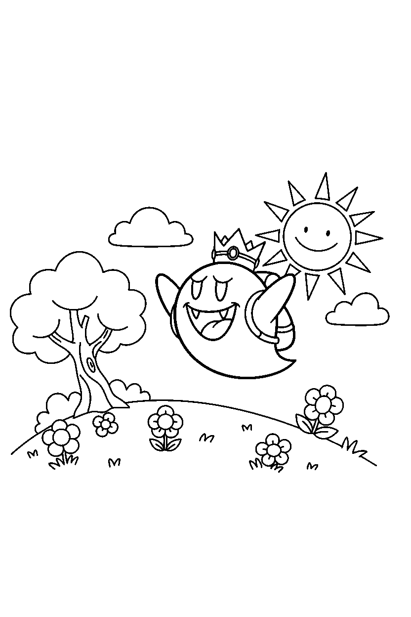 king boo celebrating adventure on a sunny hill line art