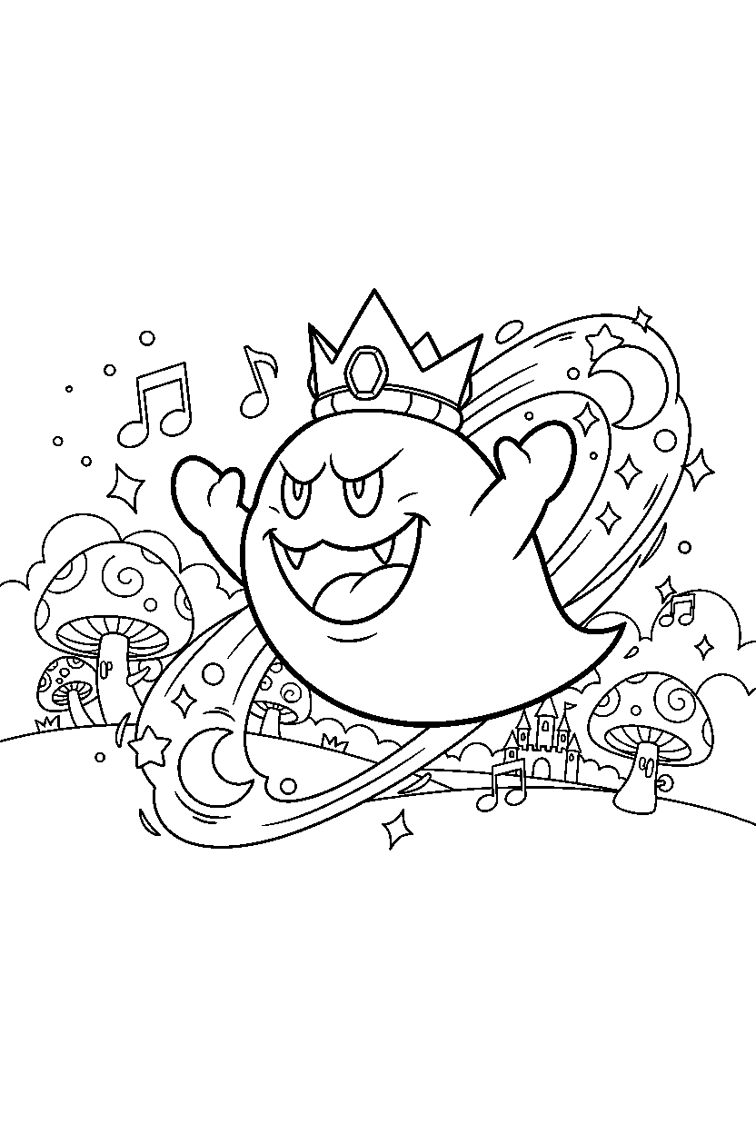 king boo celebrating happily in a magical world line art