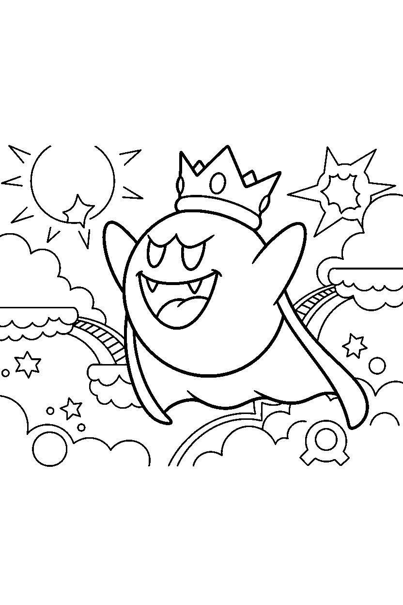 king boo celebrating happily in a sky level line art