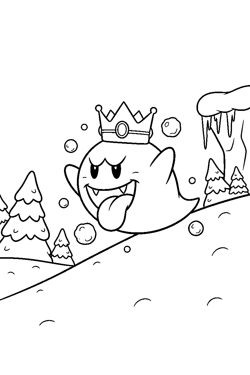 king boo climbing happily in a snowy level line art
