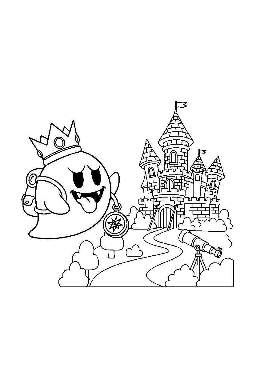 king boo getting ready to explore near a castle line art