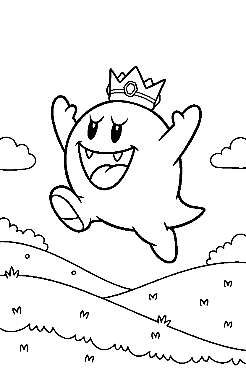 king boo jumping with joy in a grassy level line art
