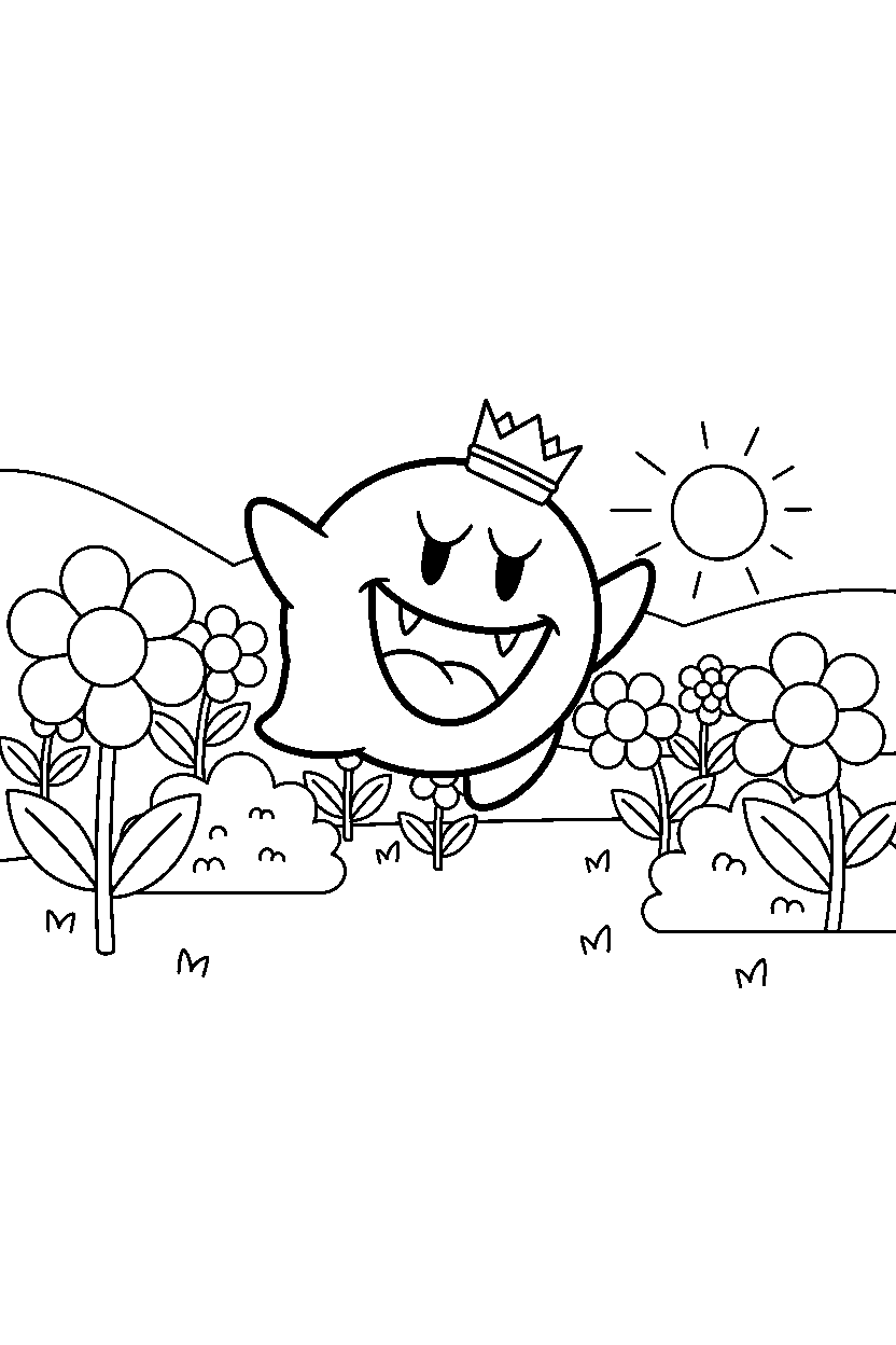 king boo playing happily in a flower field line art