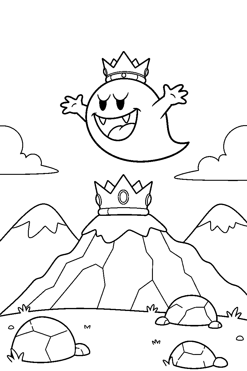 king boo posing happily on a mountain level line art