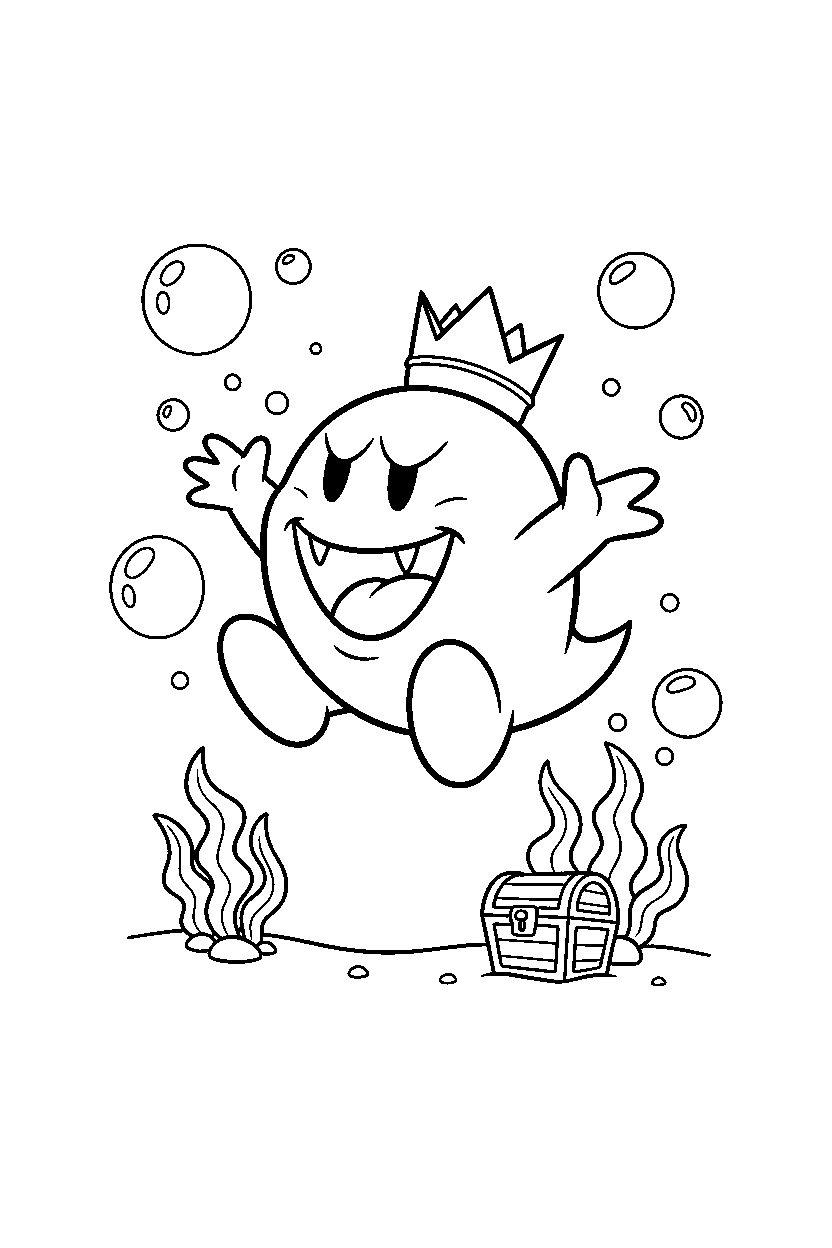 king boo posing happily underwater line art
