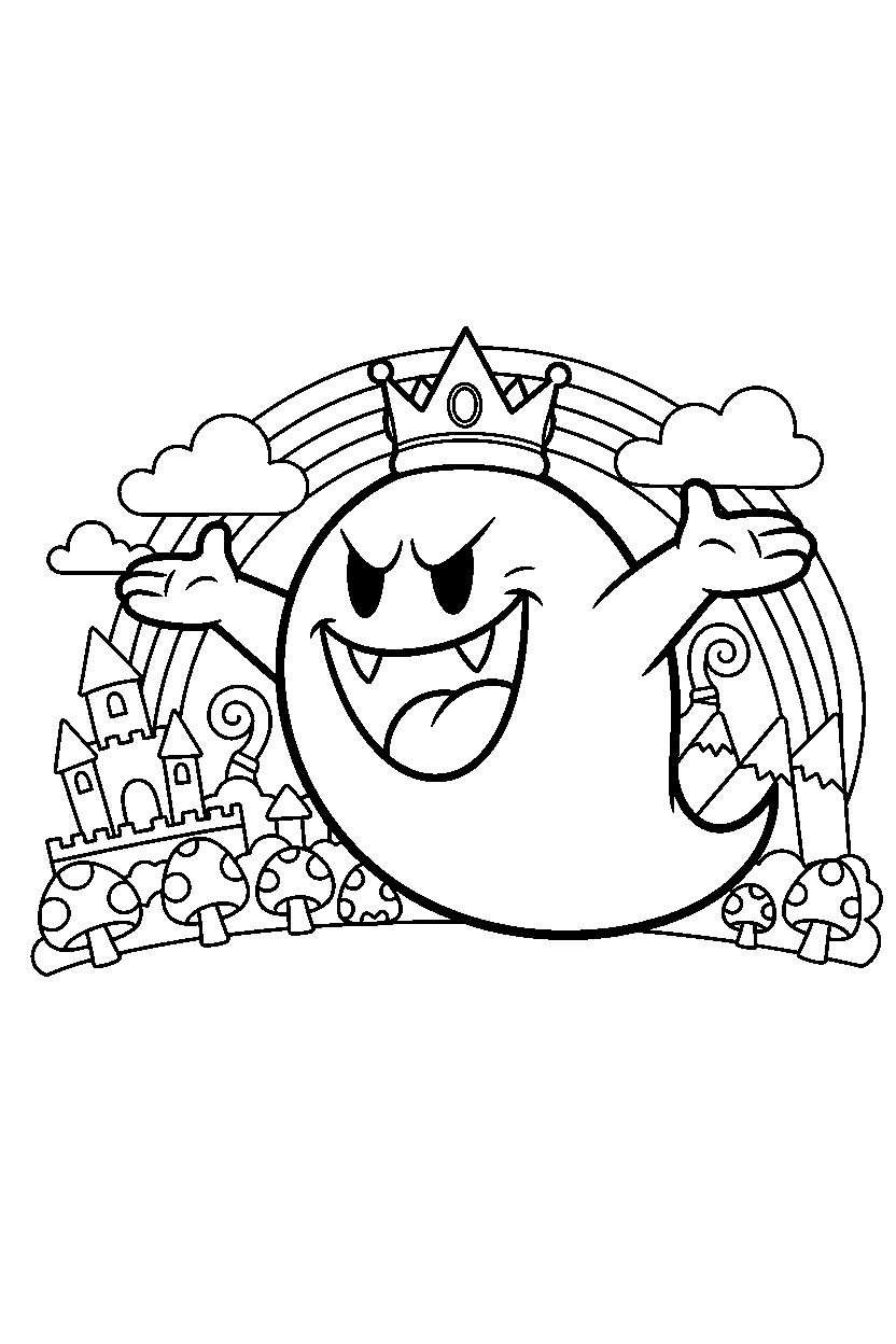 king boo posing proudly in a colorful world line art