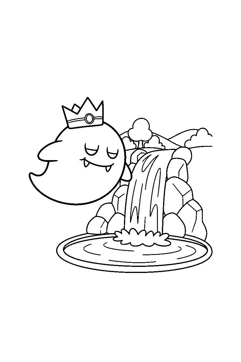 king boo relaxing peacefully near a waterfall line art