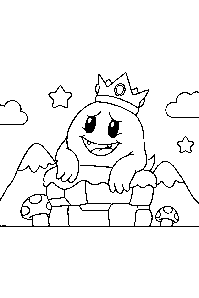 king boo resting happily on a mountain level line art