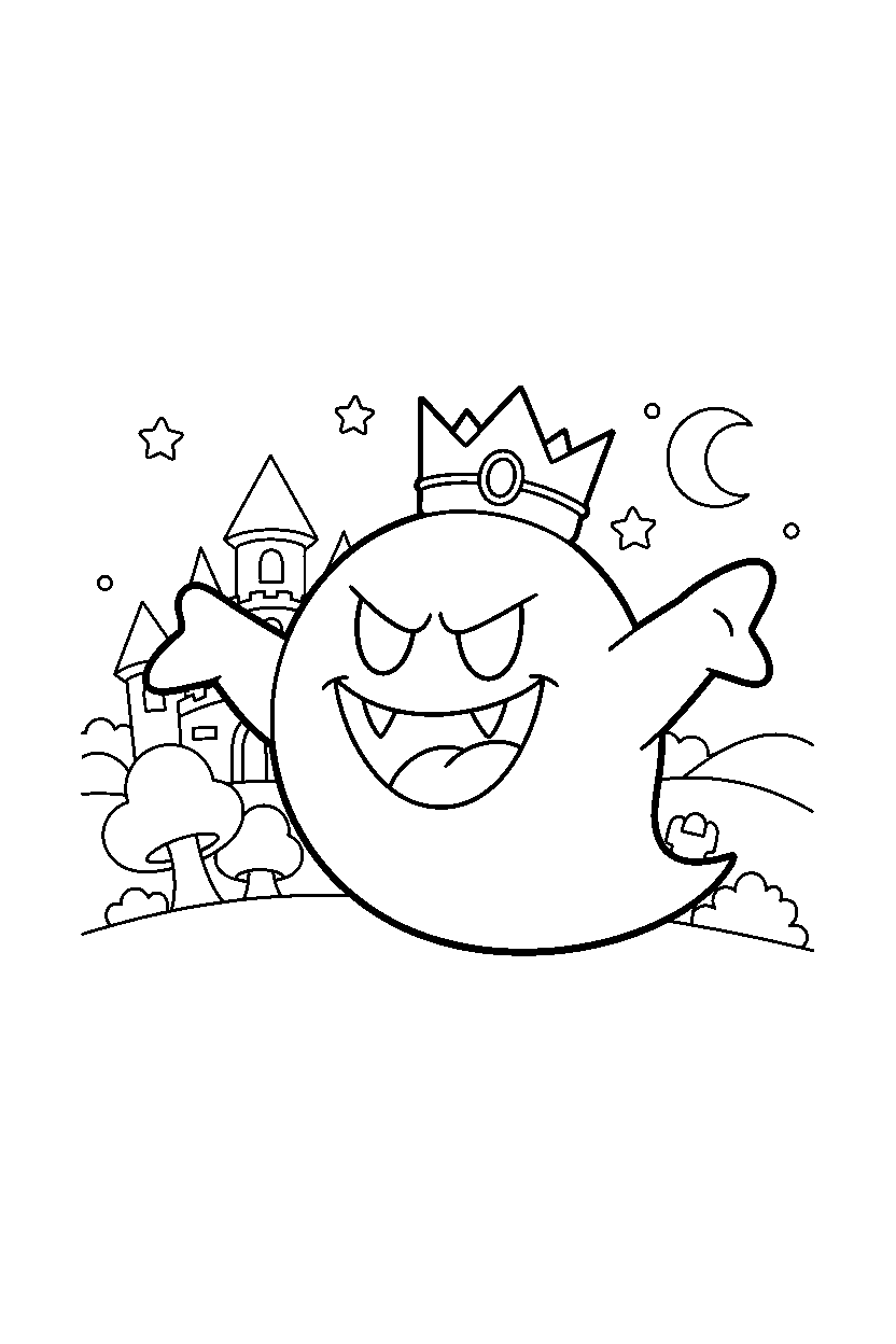king boo standing bravely in a fantasy land line art