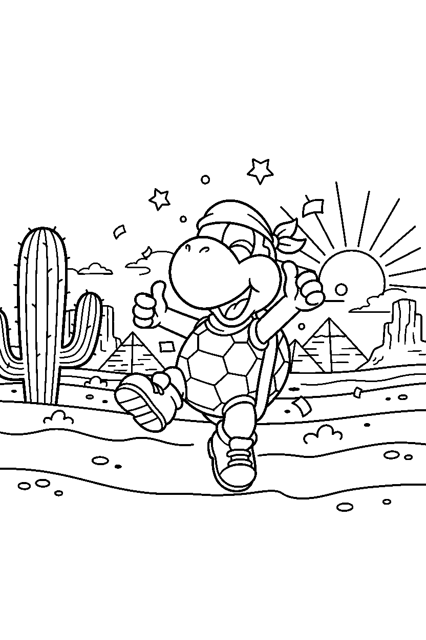 koopa troopa celebrating adventure in a desert level line art