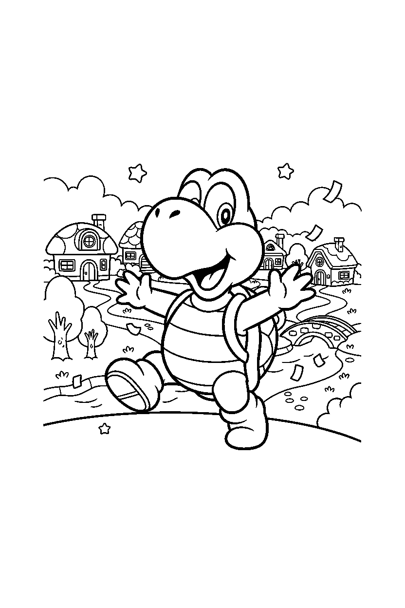 koopa troopa celebrating adventure in a peaceful village line art