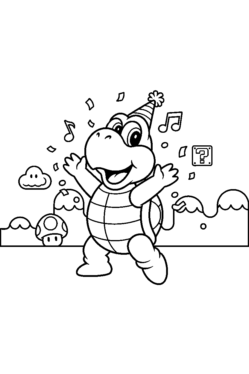 koopa troopa celebrating happily in a bright adventure land line art