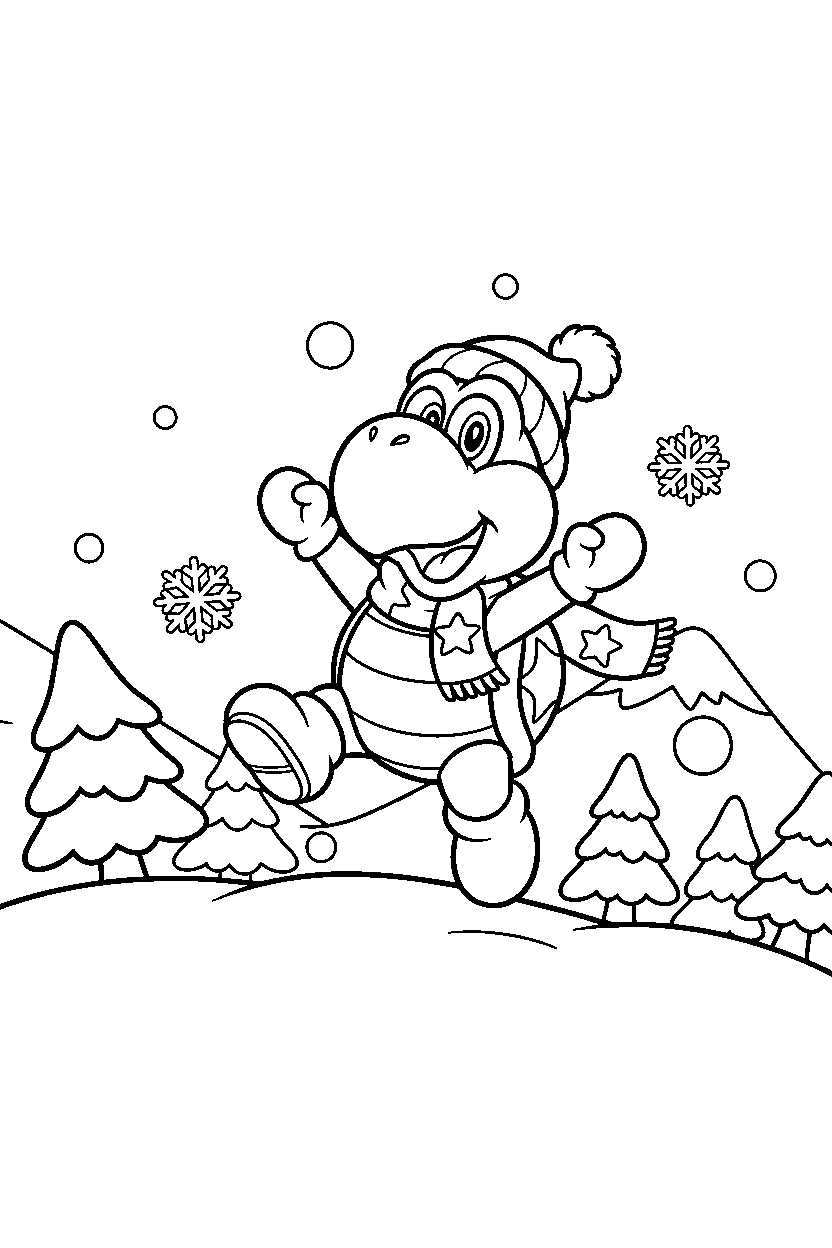 koopa troopa celebrating happily in a snowy level line art
