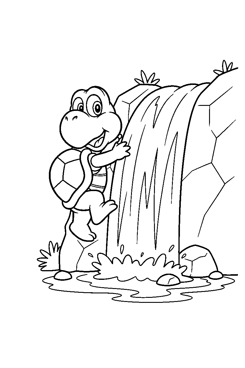 koopa troopa climbing happily near a waterfall line art