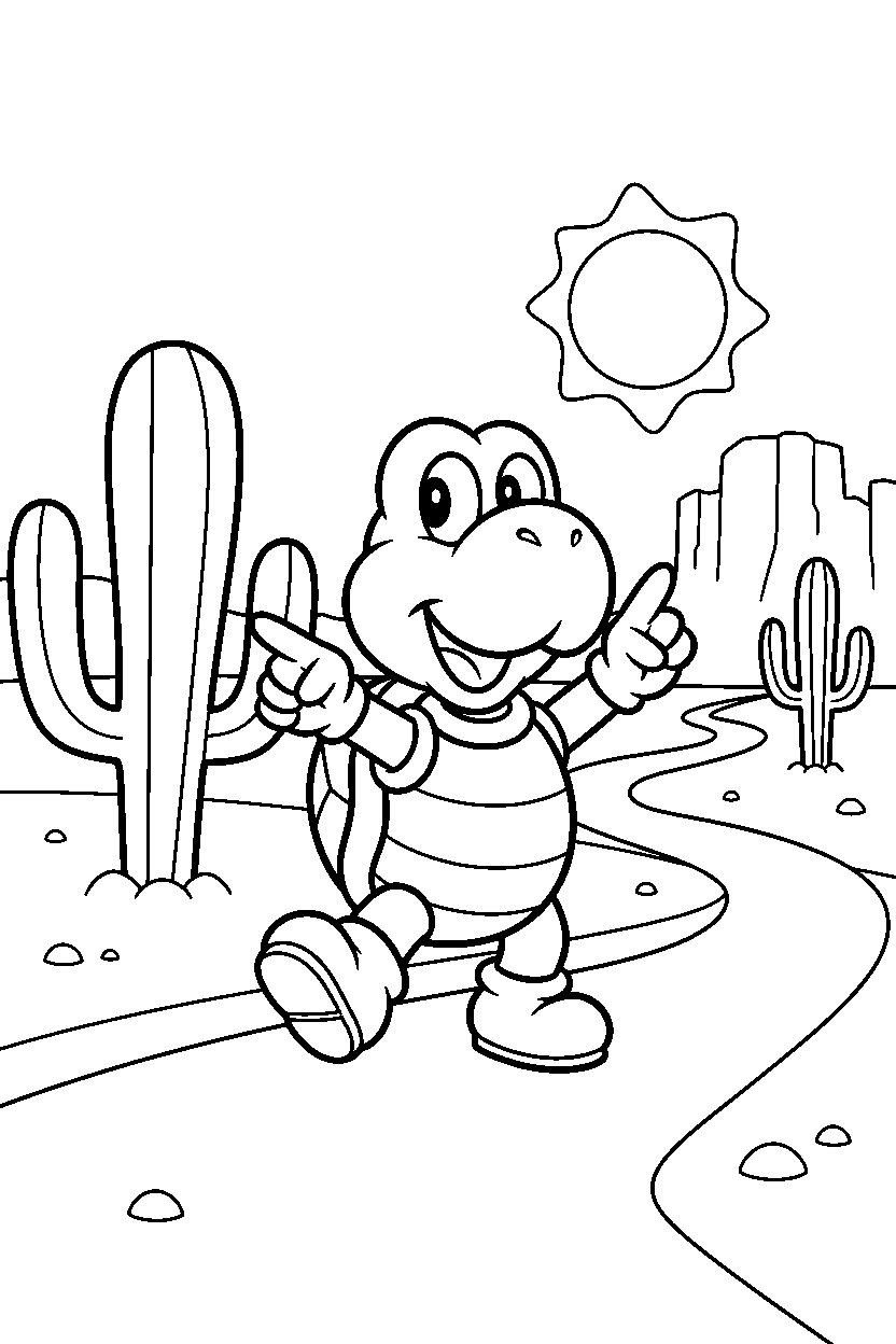 koopa troopa exploring happily in a desert level line art