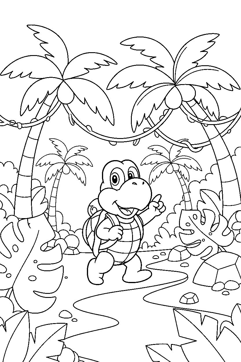 koopa troopa exploring happily in a jungle level line art