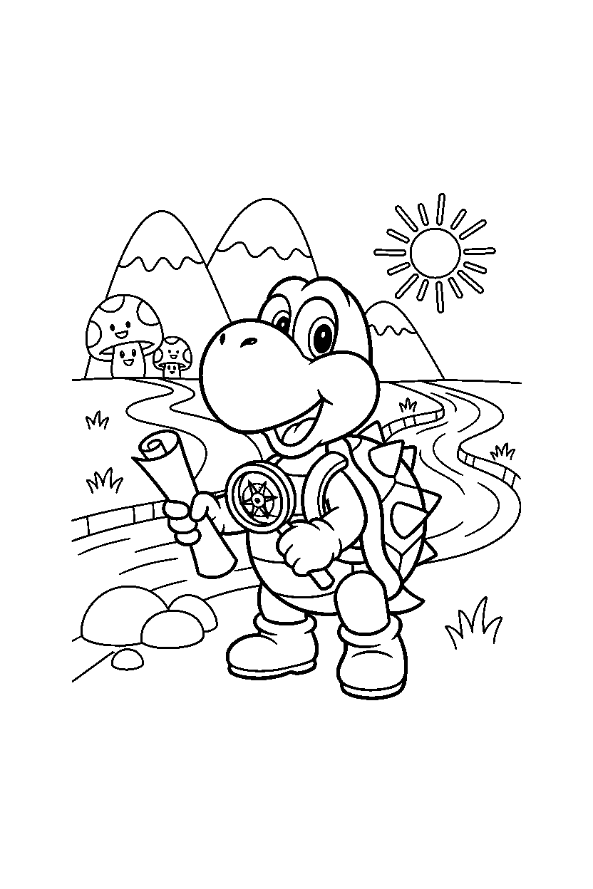 koopa troopa getting ready to explore in a bright adventure land line art