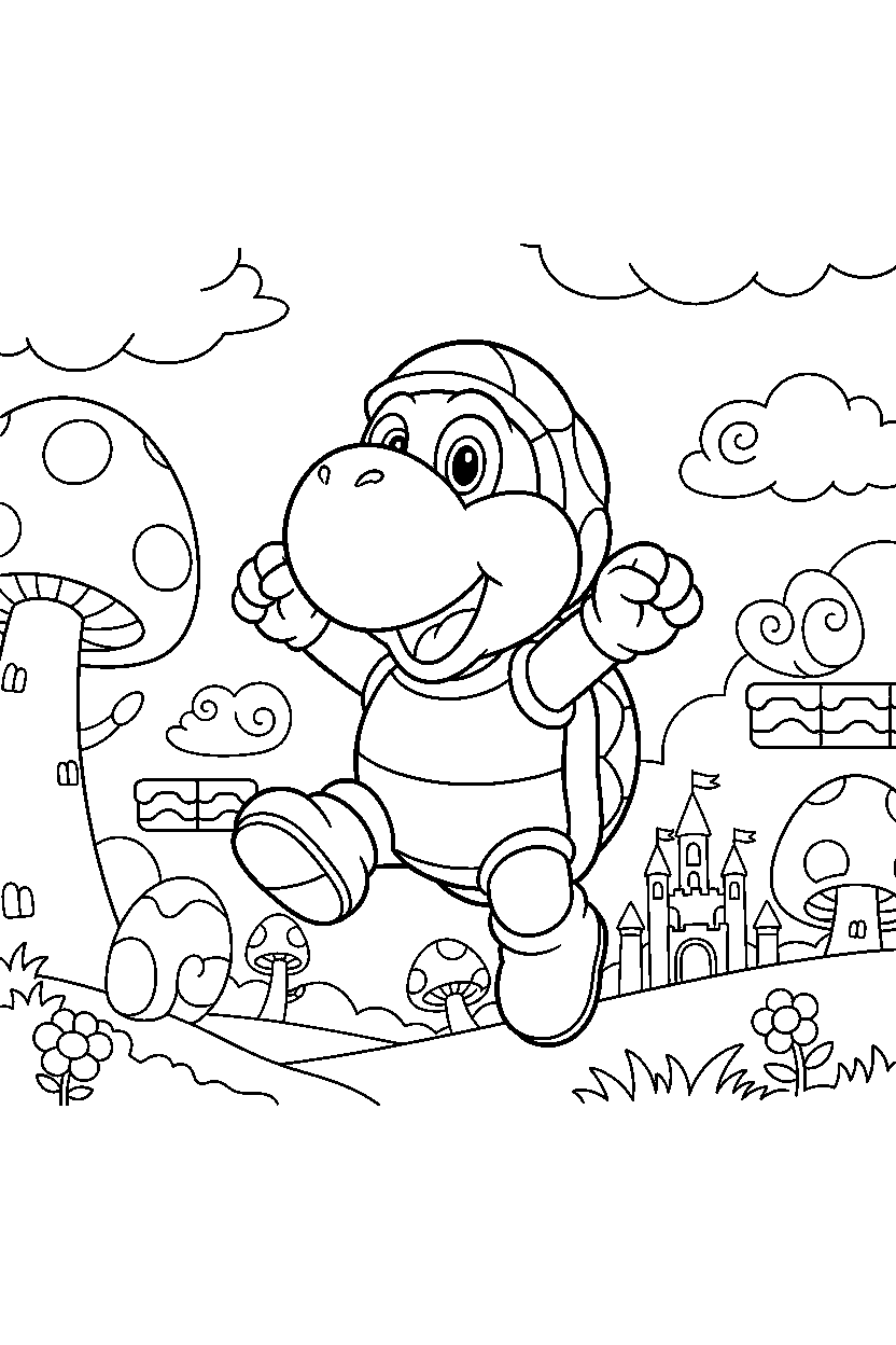 koopa troopa jumping happily in a fantasy land line art