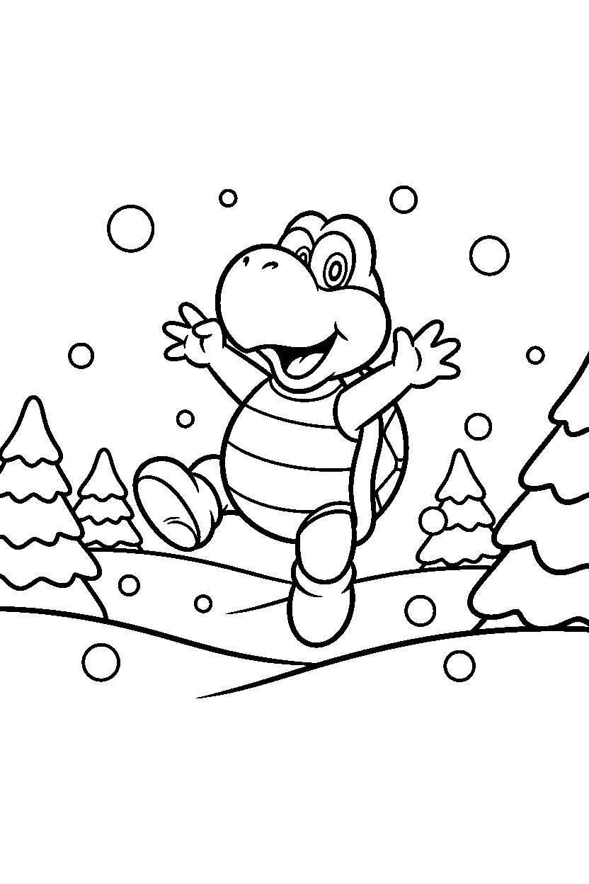 koopa troopa jumping happily in a snowy level line art