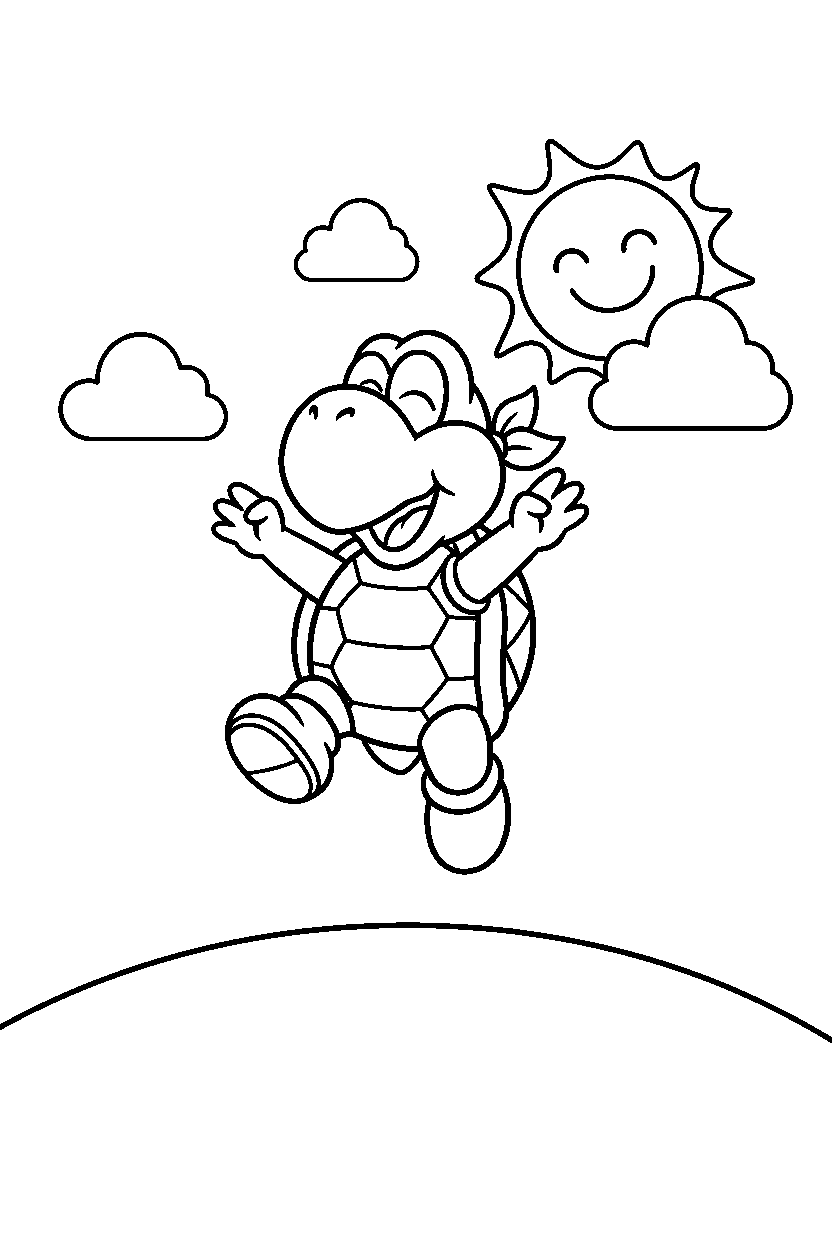 koopa troopa jumping with joy on a sunny hill line art