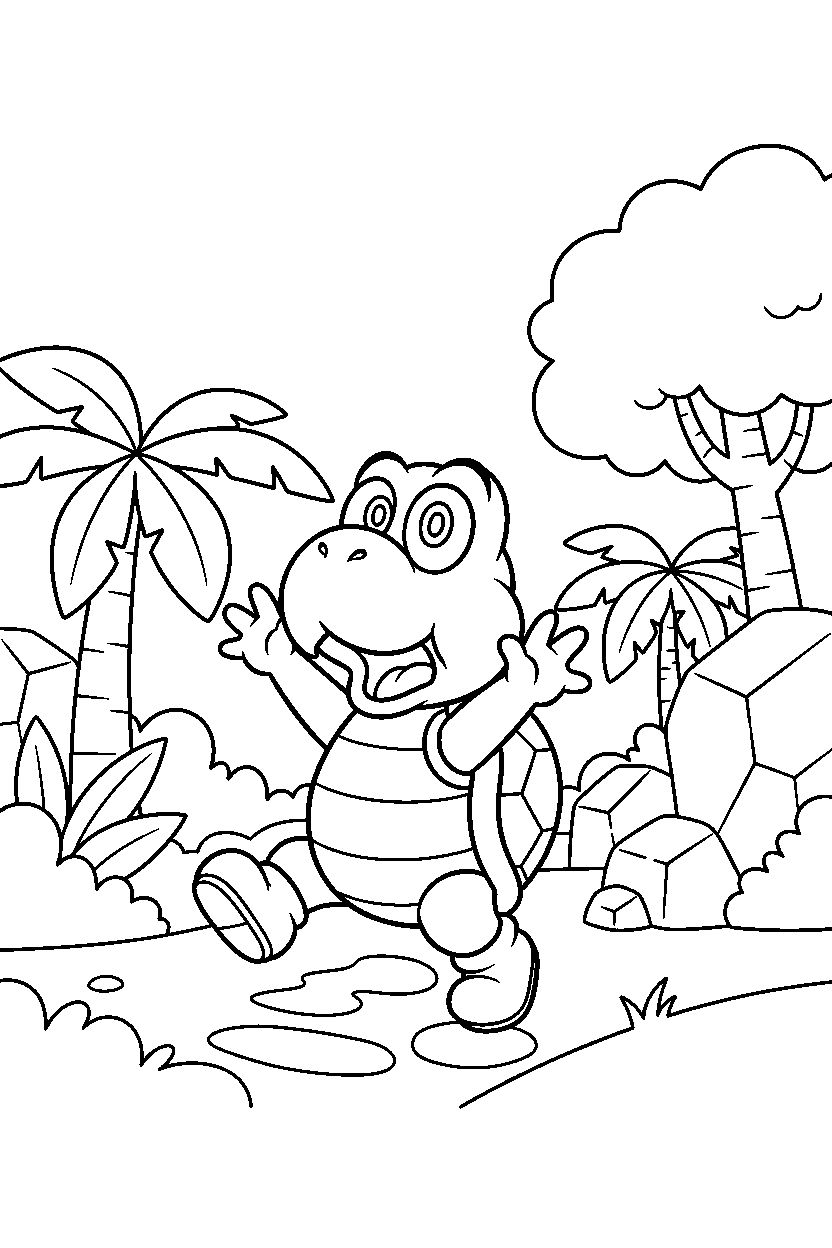 koopa troopa looking surprised in a jungle level line art