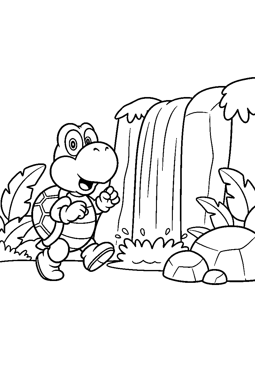 koopa troopa looking surprised near a waterfall line art