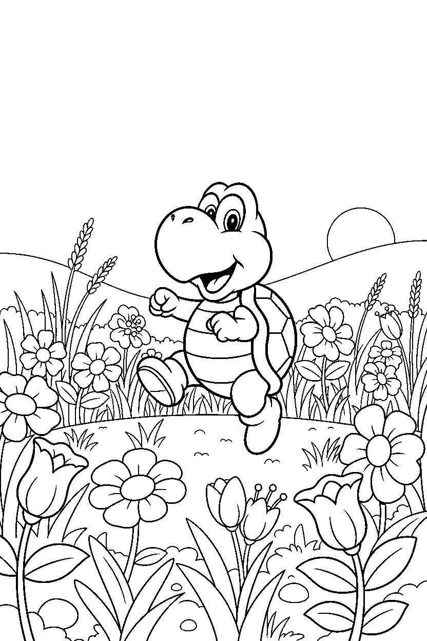 koopa troopa playing happily in a flower field line art