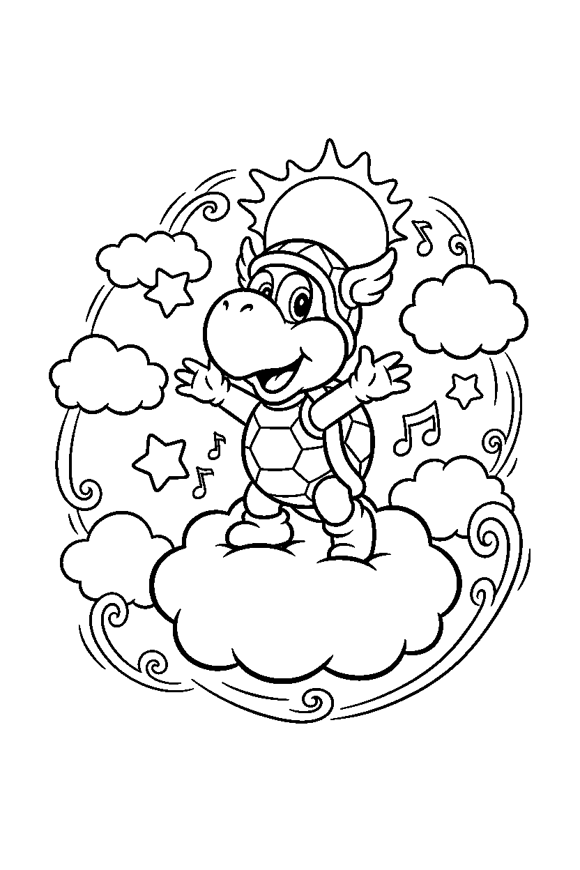 koopa troopa posing happily in a cloud world line art