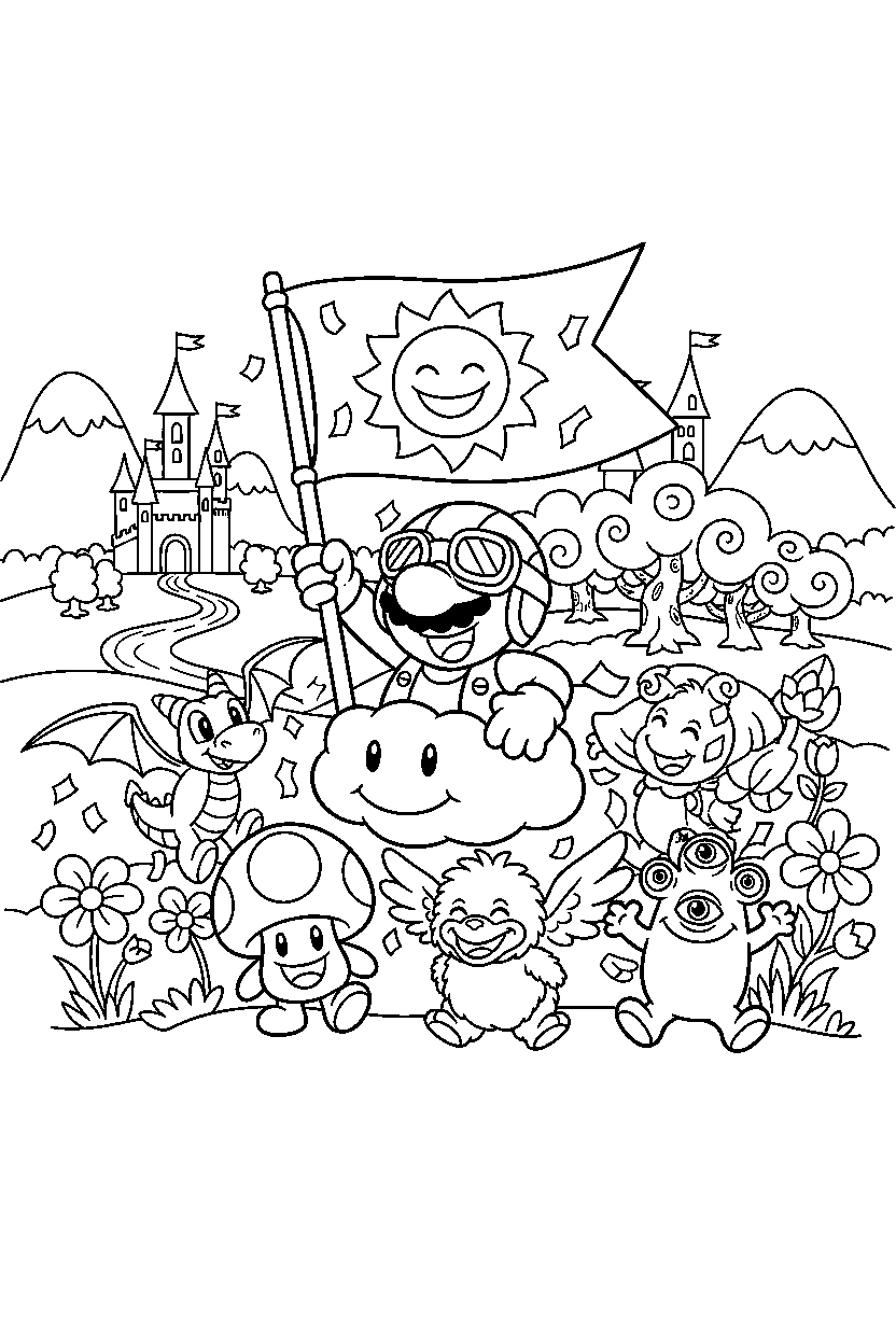 lakitu celebrating adventure in a fantasy land line art