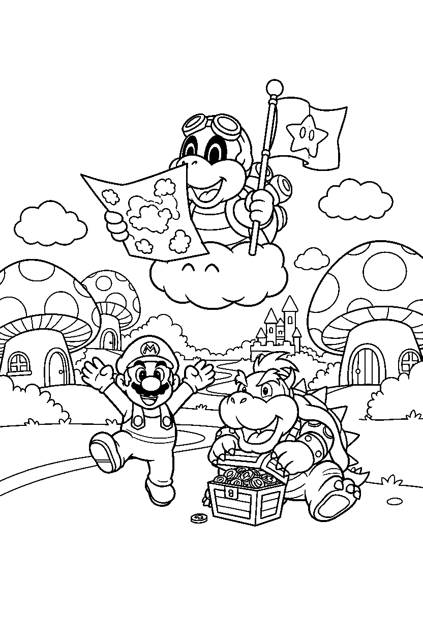 lakitu celebrating adventure in the mushroom kingdom line art