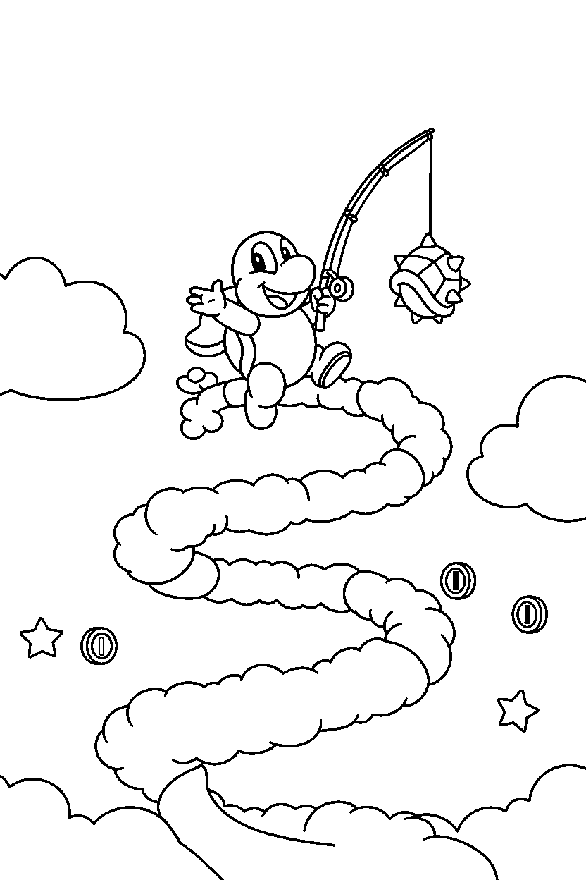 lakitu climbing happily in a sky level line art
