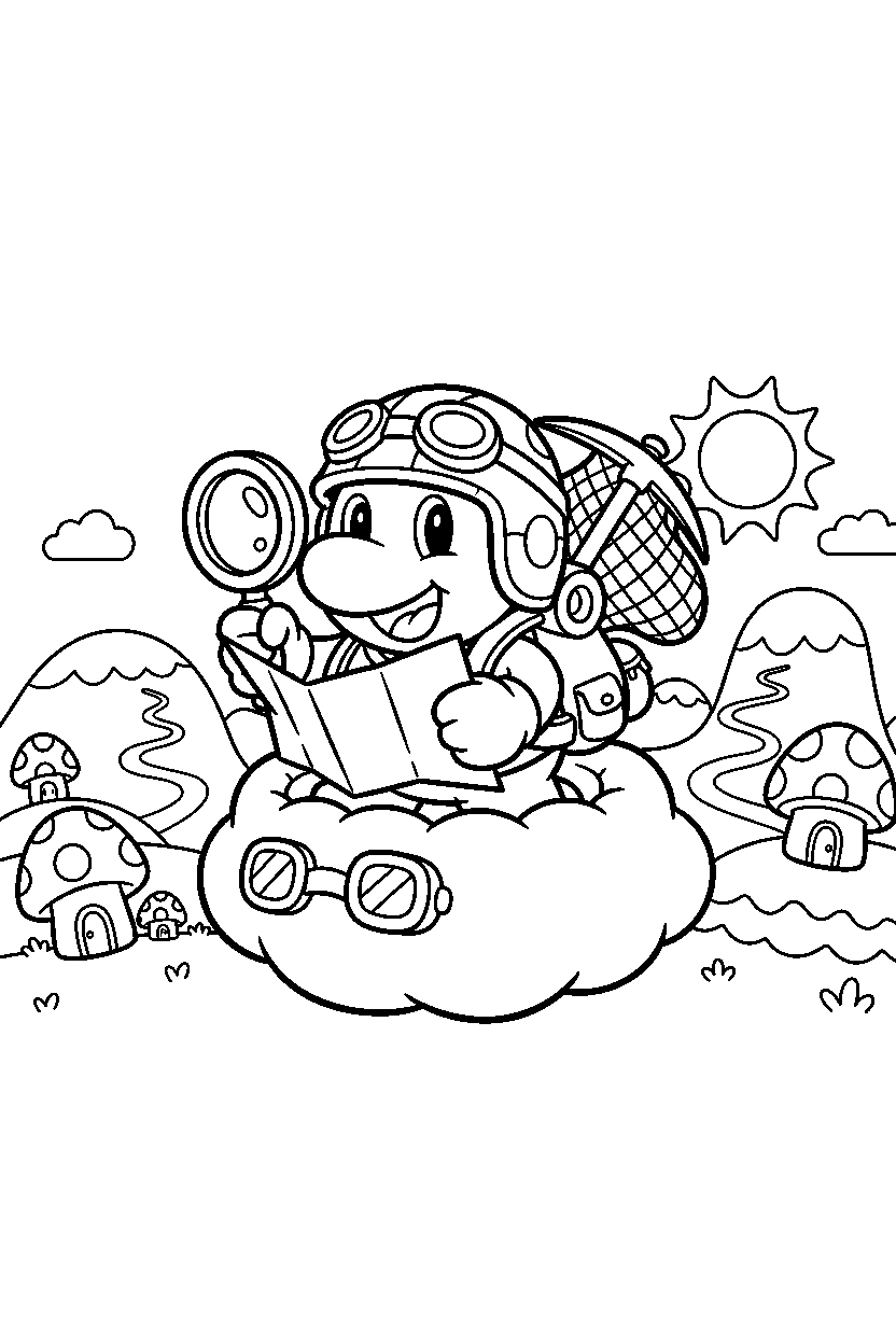 lakitu getting ready to explore in the mushroom kingdom line art