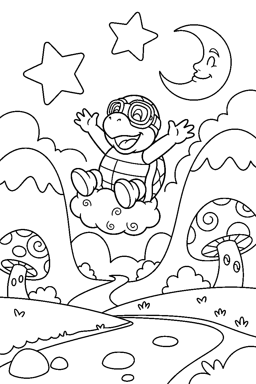 lakitu jumping with joy in a magical world line art
