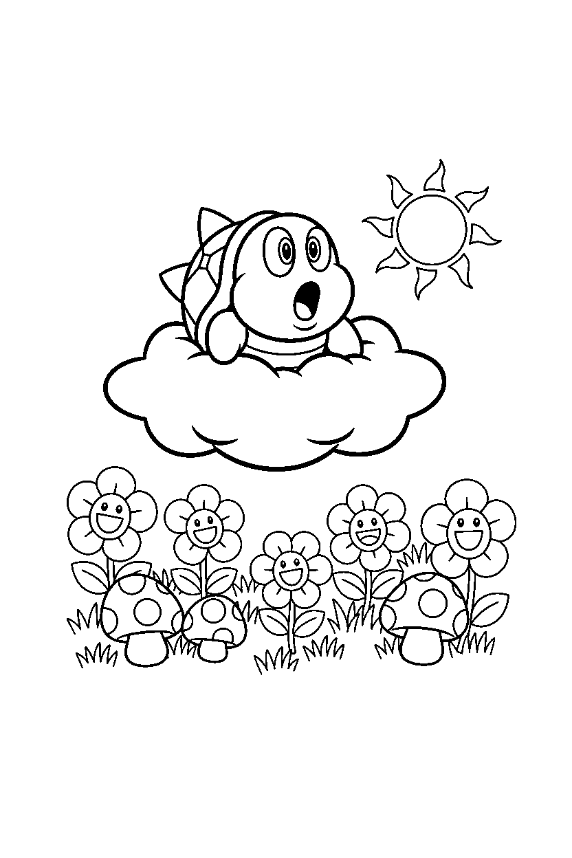 lakitu looking surprised in a flower field line art