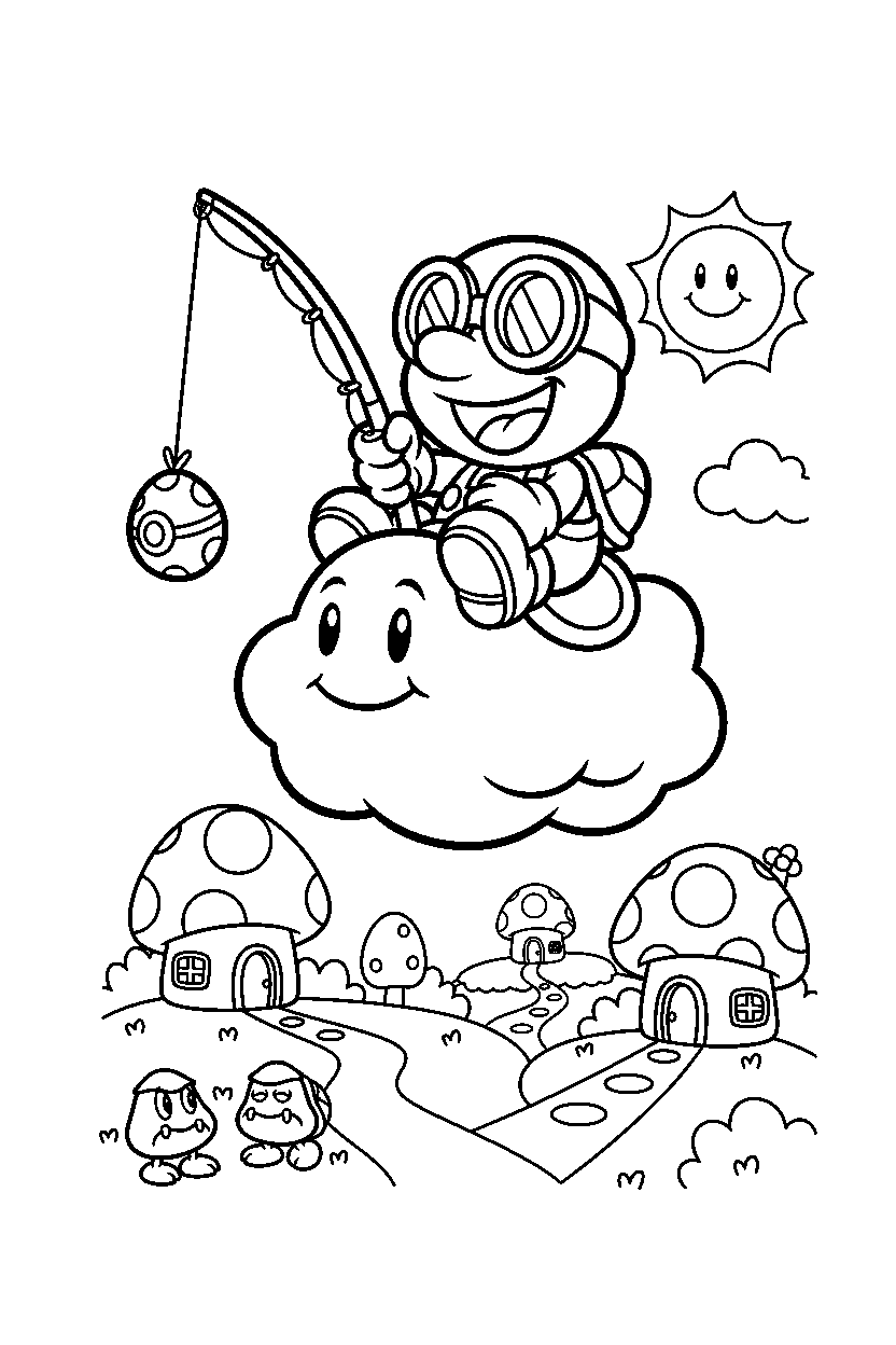 lakitu posing happily in the mushroom kingdom line art