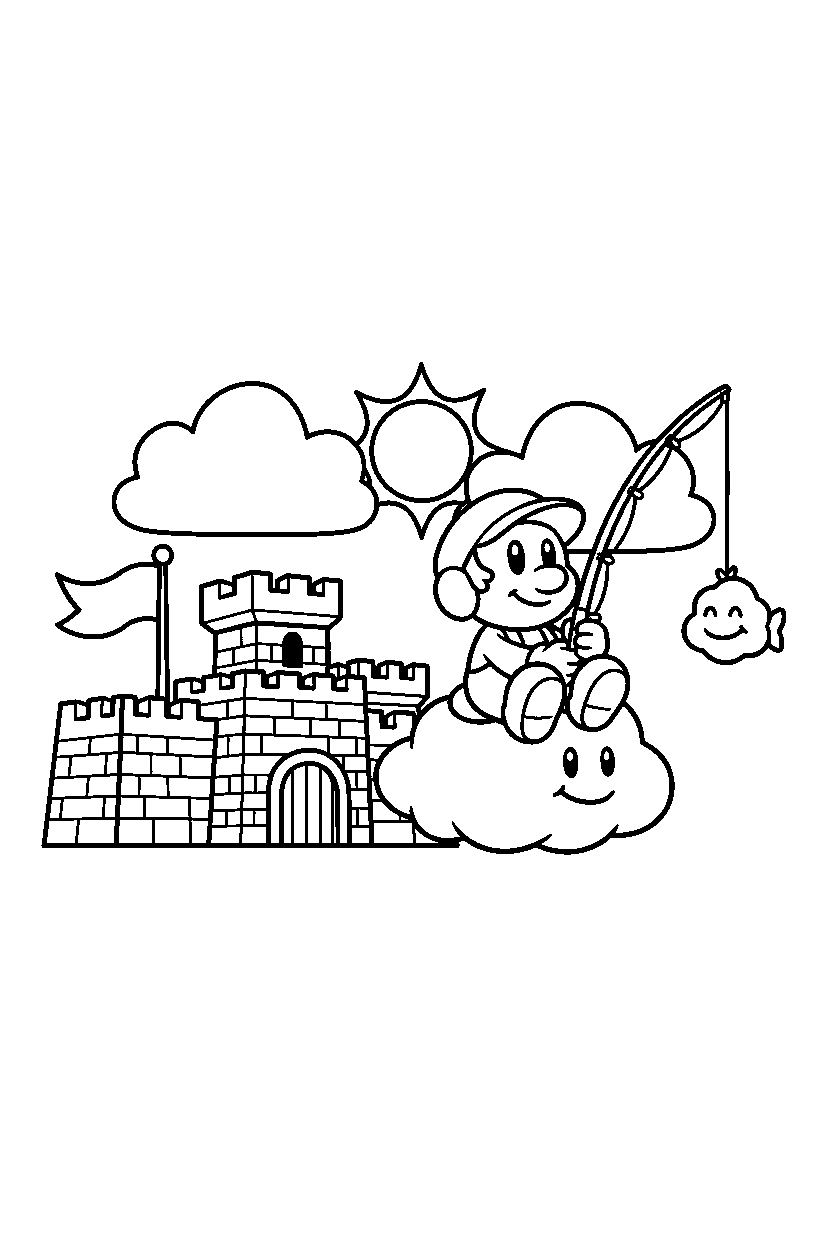 lakitu sitting peacefully near a fortress line art