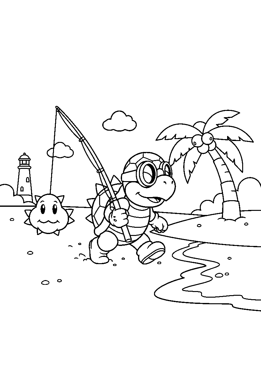 lakitu walking carefully in a beach level line art