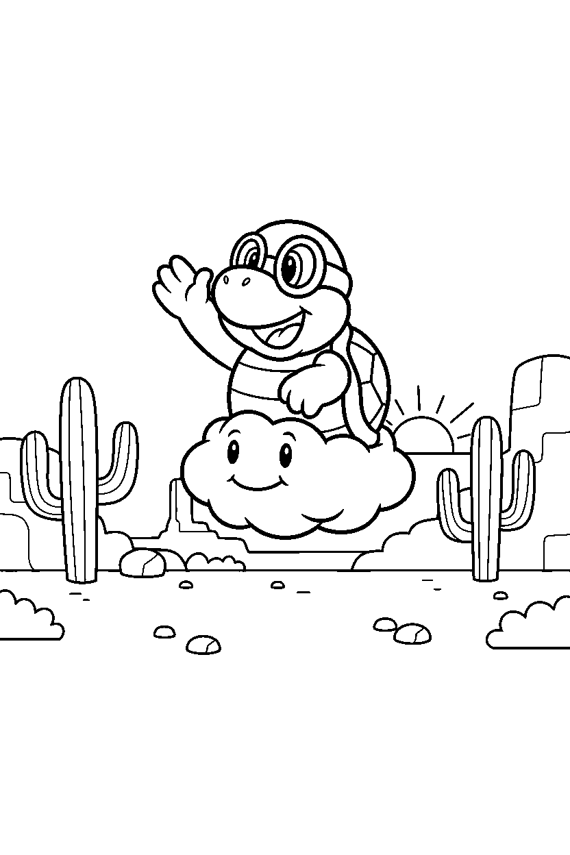 lakitu waving happily in a desert level line art