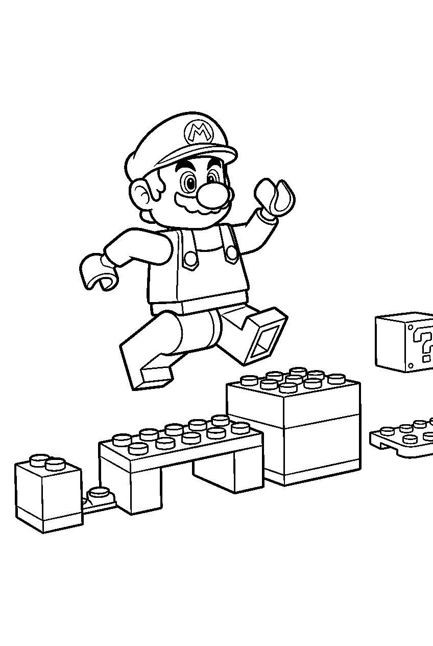 lego mario jumping across a brick obstacle course line art
