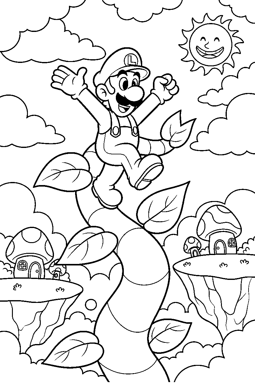 luigi climbing happily in a bright adventure land line art
