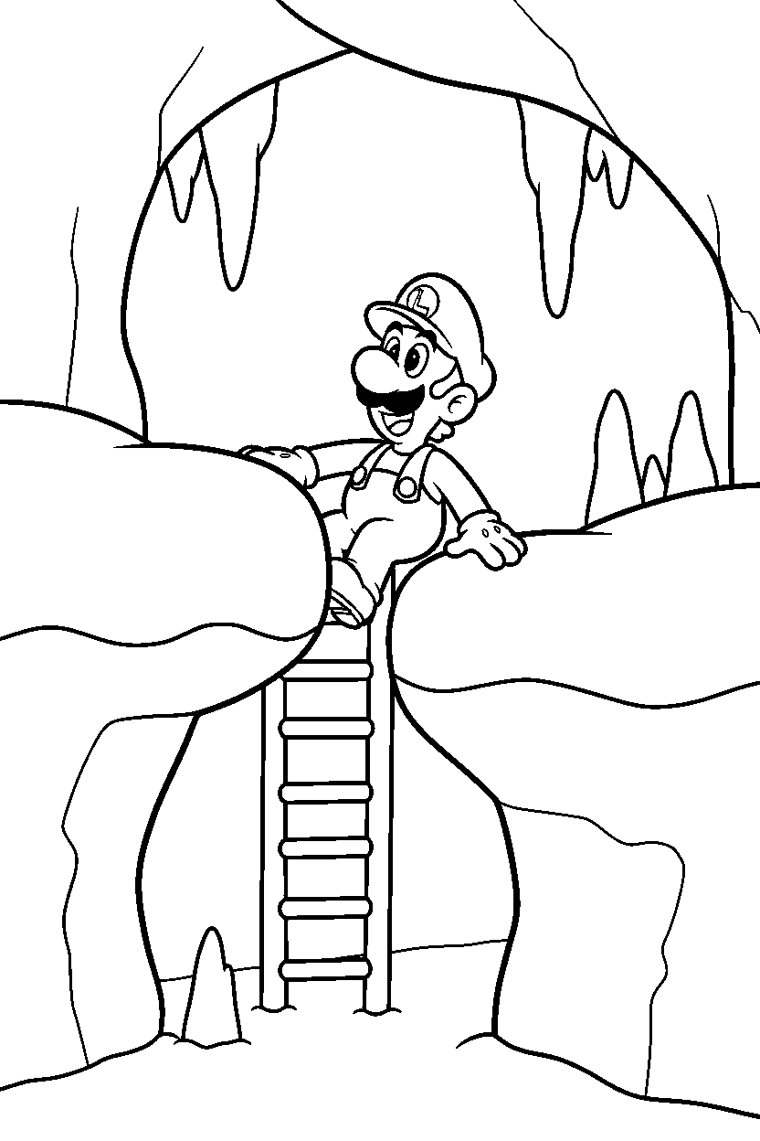 luigi climbing happily in a cave level line art