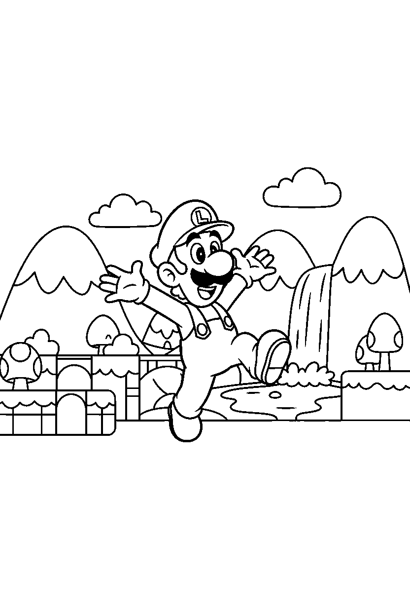 luigi exploring happily on a mountain level line art