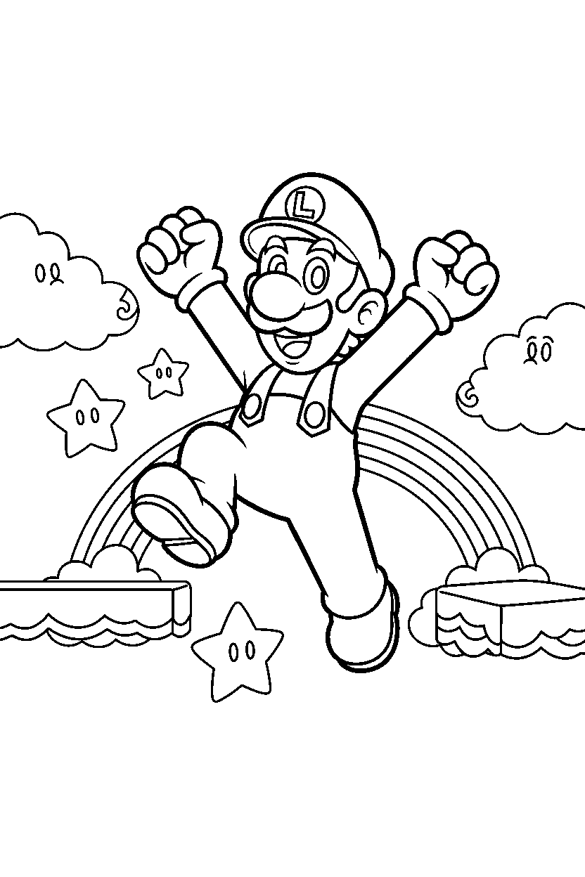 luigi jumping with joy in a sky level line art