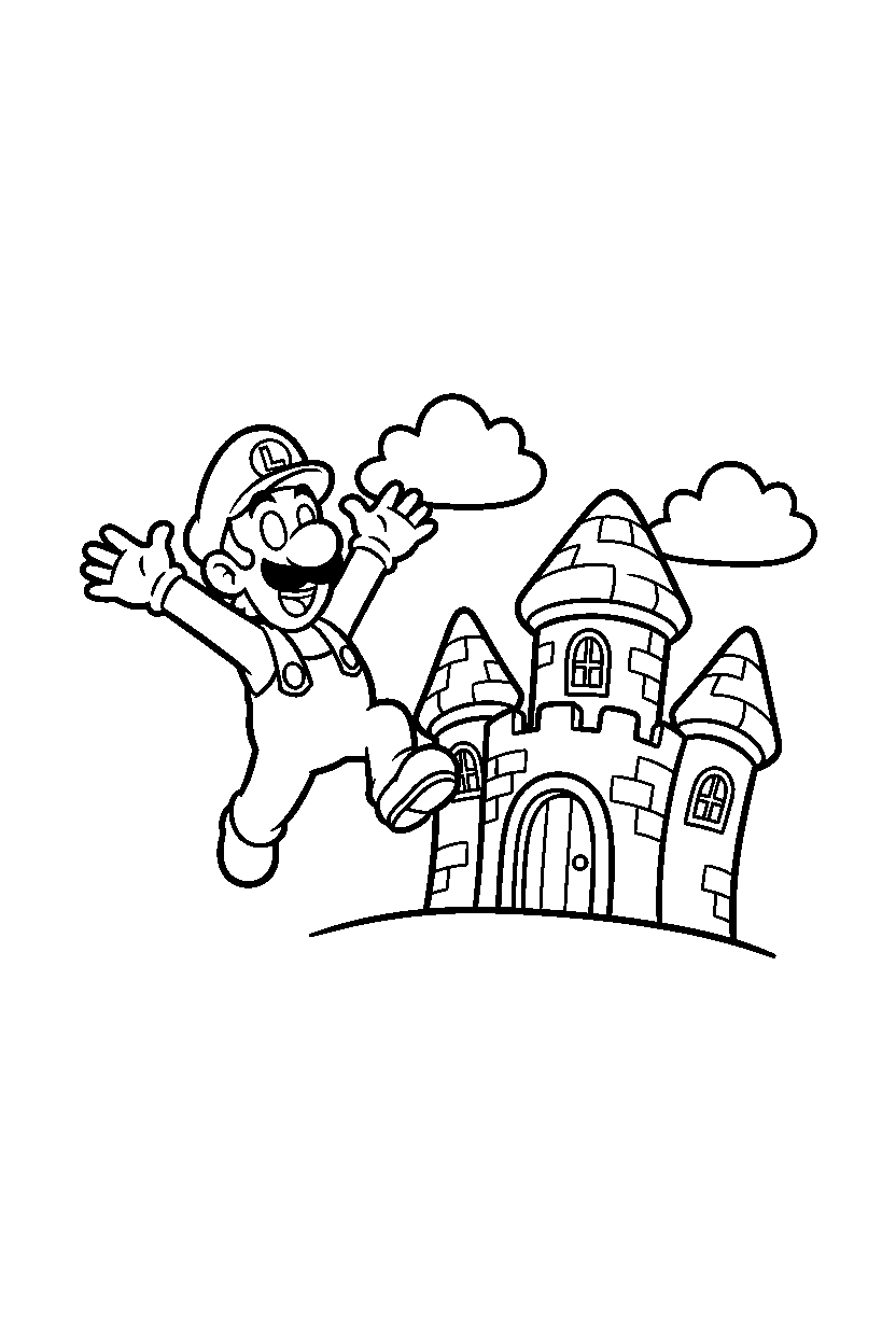 luigi jumping with joy near a castle line art