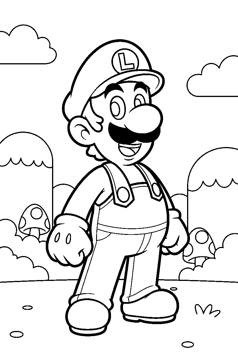 luigi looking happy in a bright adventure land line art
